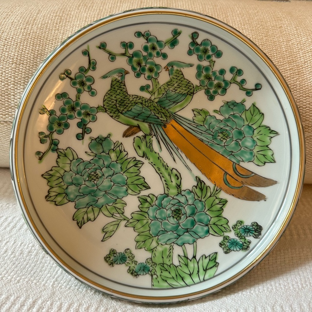 1960 Gold Imari Chinoiserie Hand Painted Green Gold White Bowl Peacock Motif